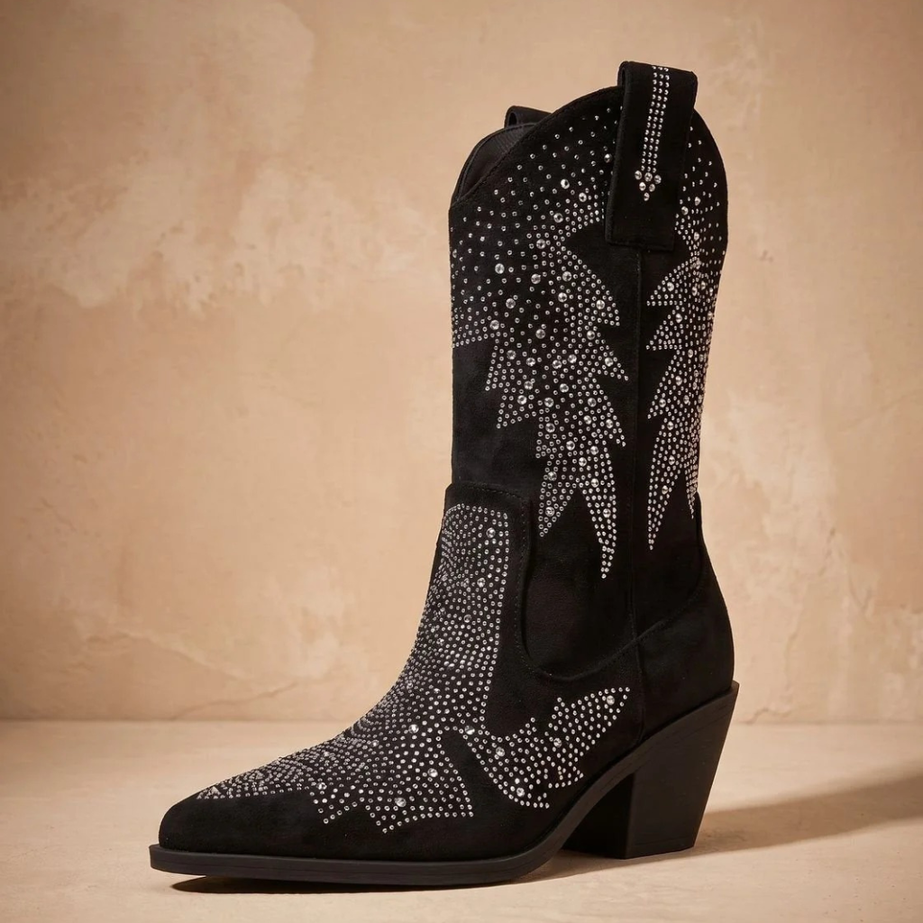 Marcella | Damen Schwarze Cowboy Stiefel mit Strass Design und Komfort