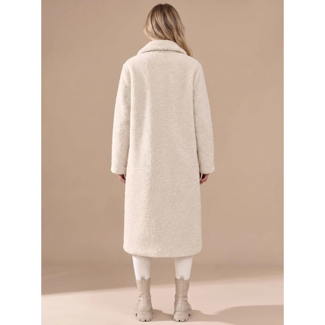 Maren | Damen Teddy Winterjacke mit Revers, Knöpfen und langem Design