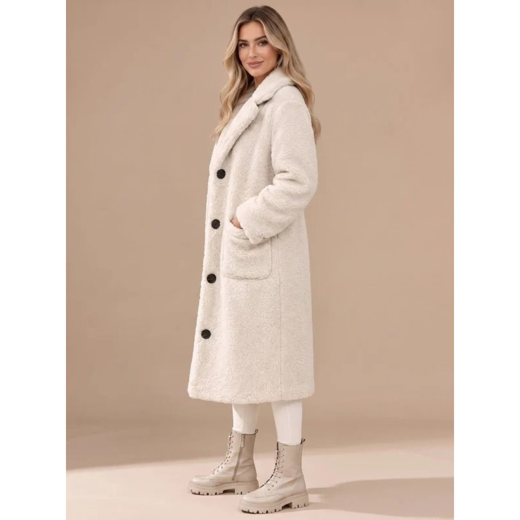 Maren | Damen Teddy Winterjacke mit Revers, Knöpfen und langem Design