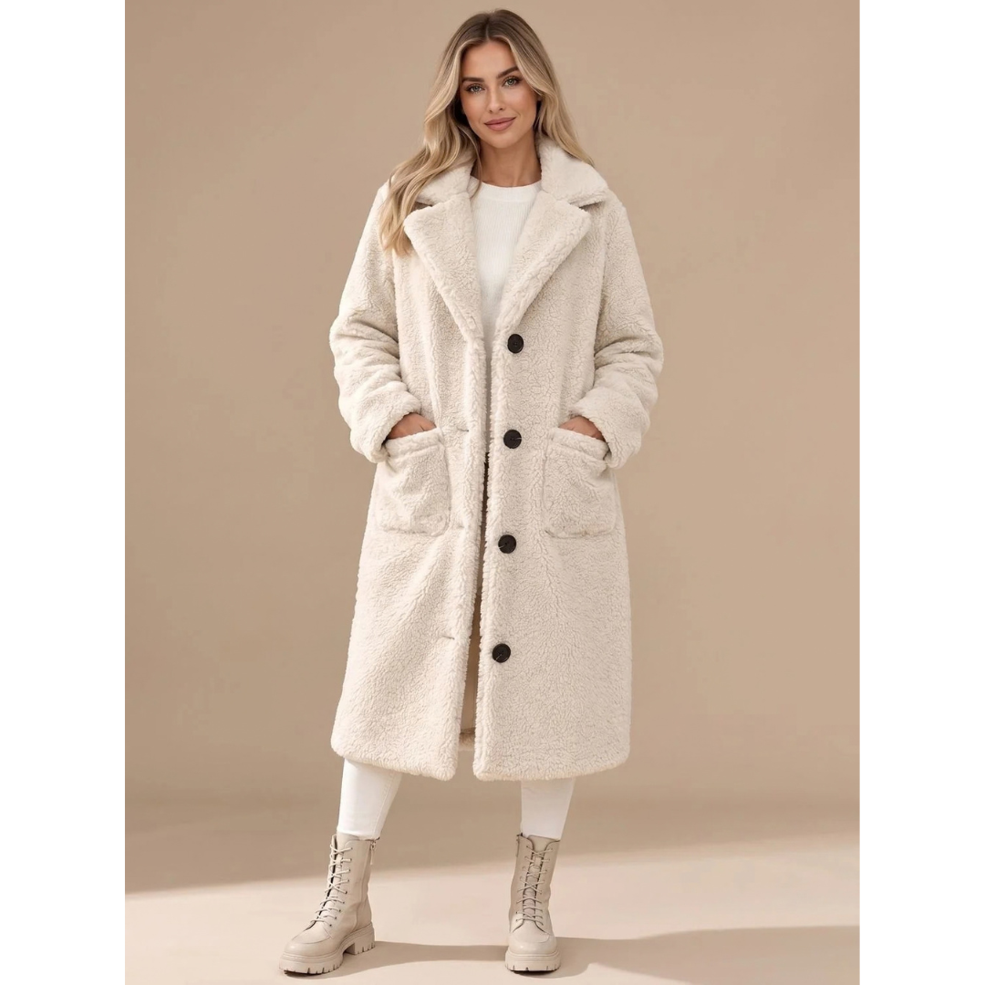 Maren | Damen Teddy Winterjacke mit Revers, Knöpfen und langem Design