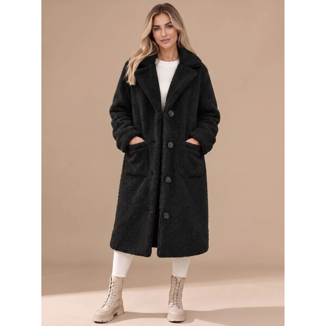 Maren | Damen Teddy Winterjacke mit Revers, Knöpfen und langem Design