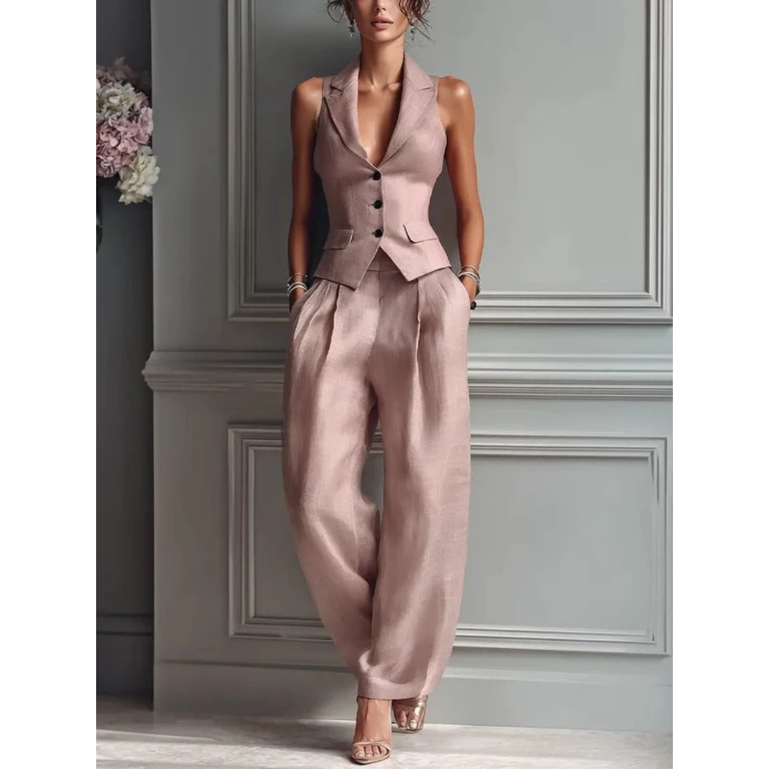 Marga | Damen Rosa Leinen Zweiteiler