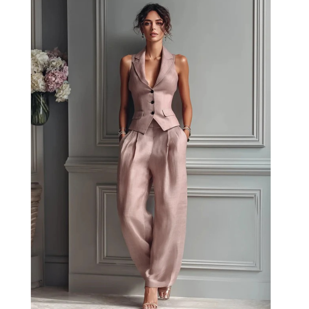 Marga | Damen Rosa Leinen Zweiteiler