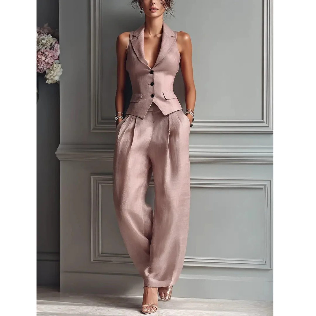 Marga | Damen Rosa Leinen Zweiteiler
