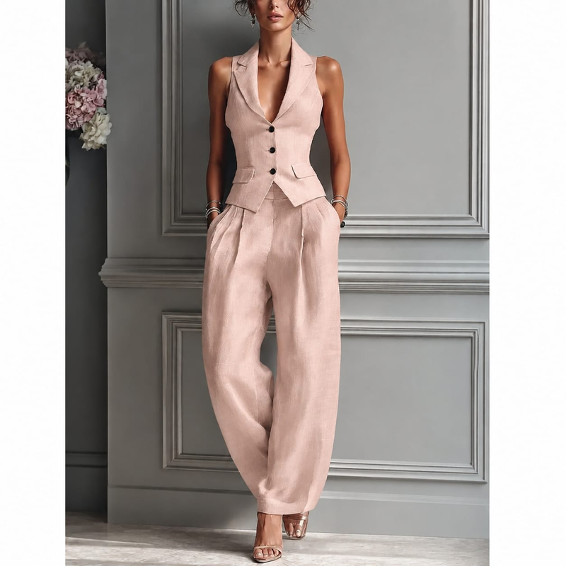Marga | Damen Rosa Leinen Zweiteiler