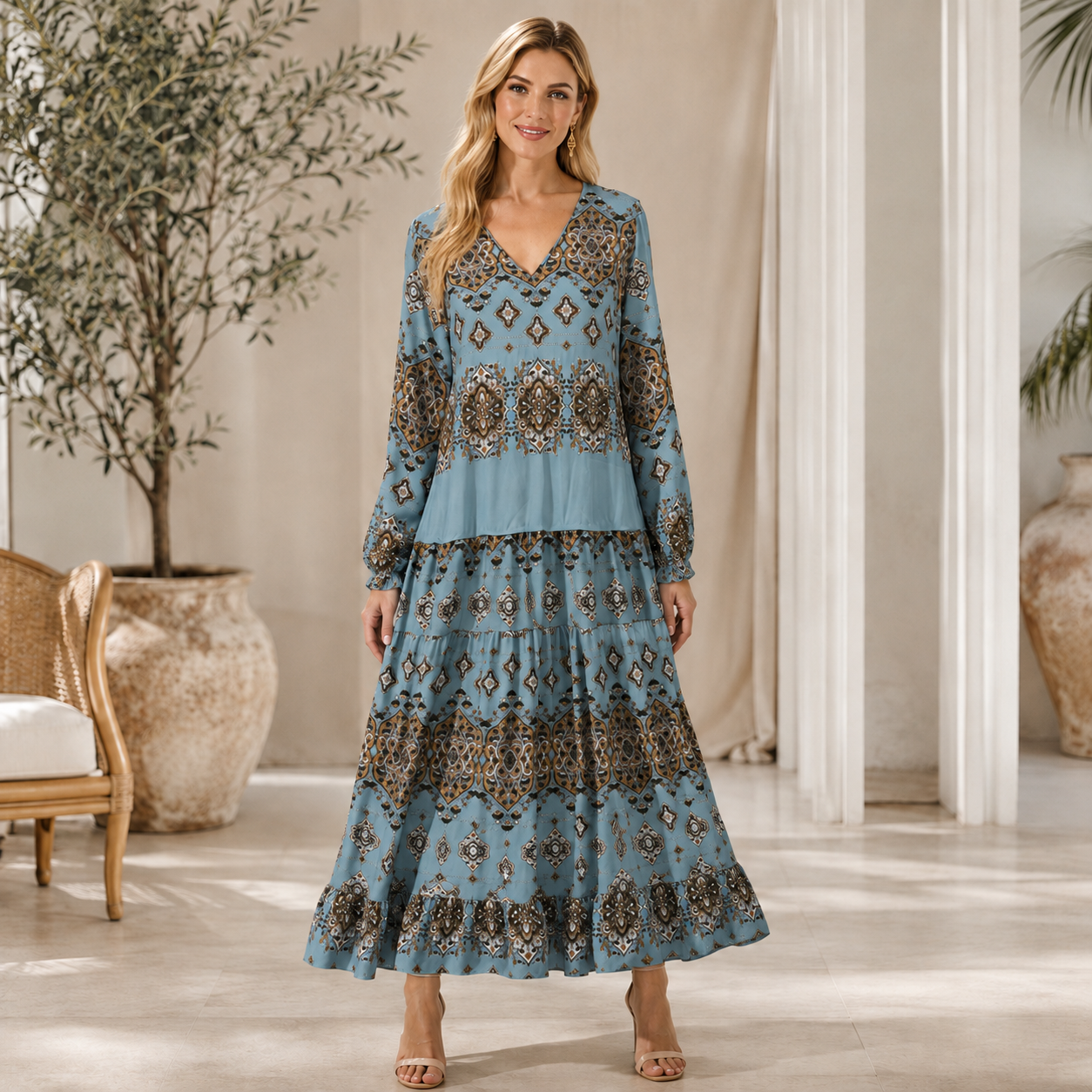 Margarete | Damen Boho Midikleid Mit Muster