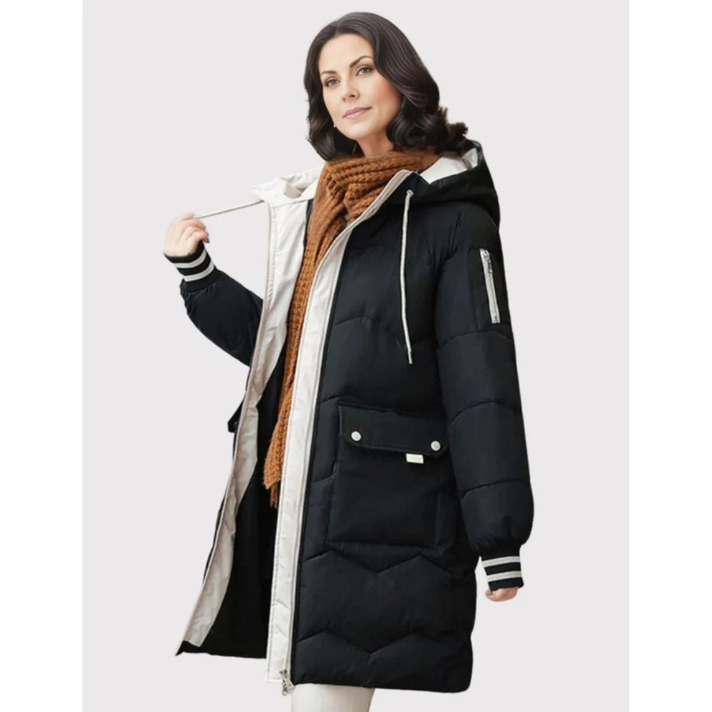 Margarete | Damen Winterjacke mit Kapuze, Langer Stepp Optik und Reißverschluss