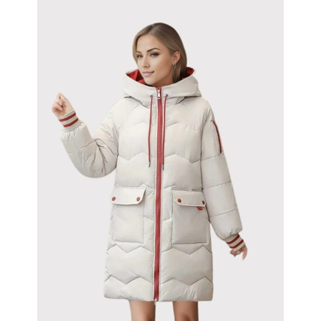 Margarete | Damen Winterjacke mit Kapuze, Langer Stepp Optik und Reißverschluss