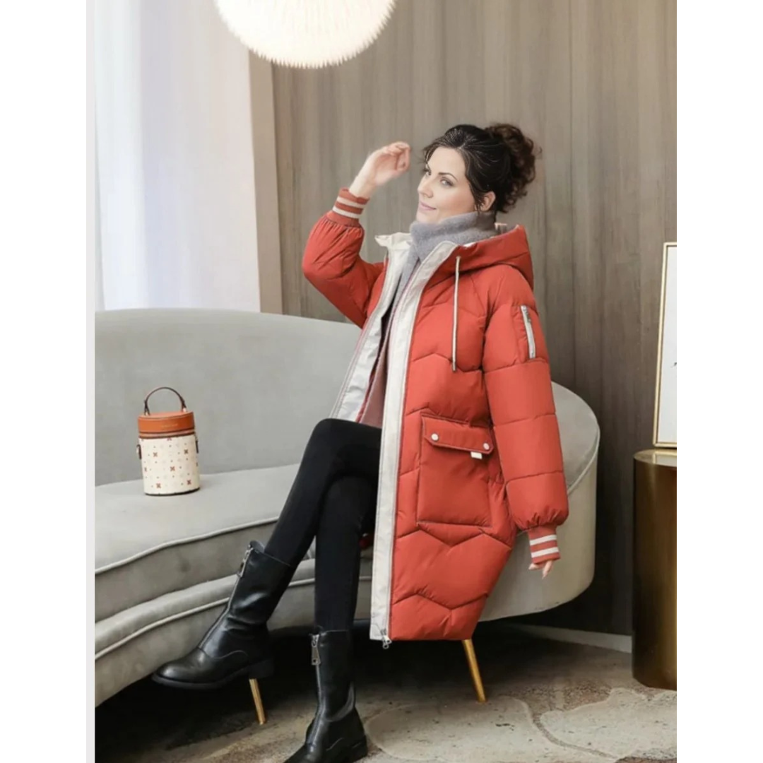 Margarete | Damen Winterjacke mit Kapuze, Langer Stepp Optik und Reißverschluss