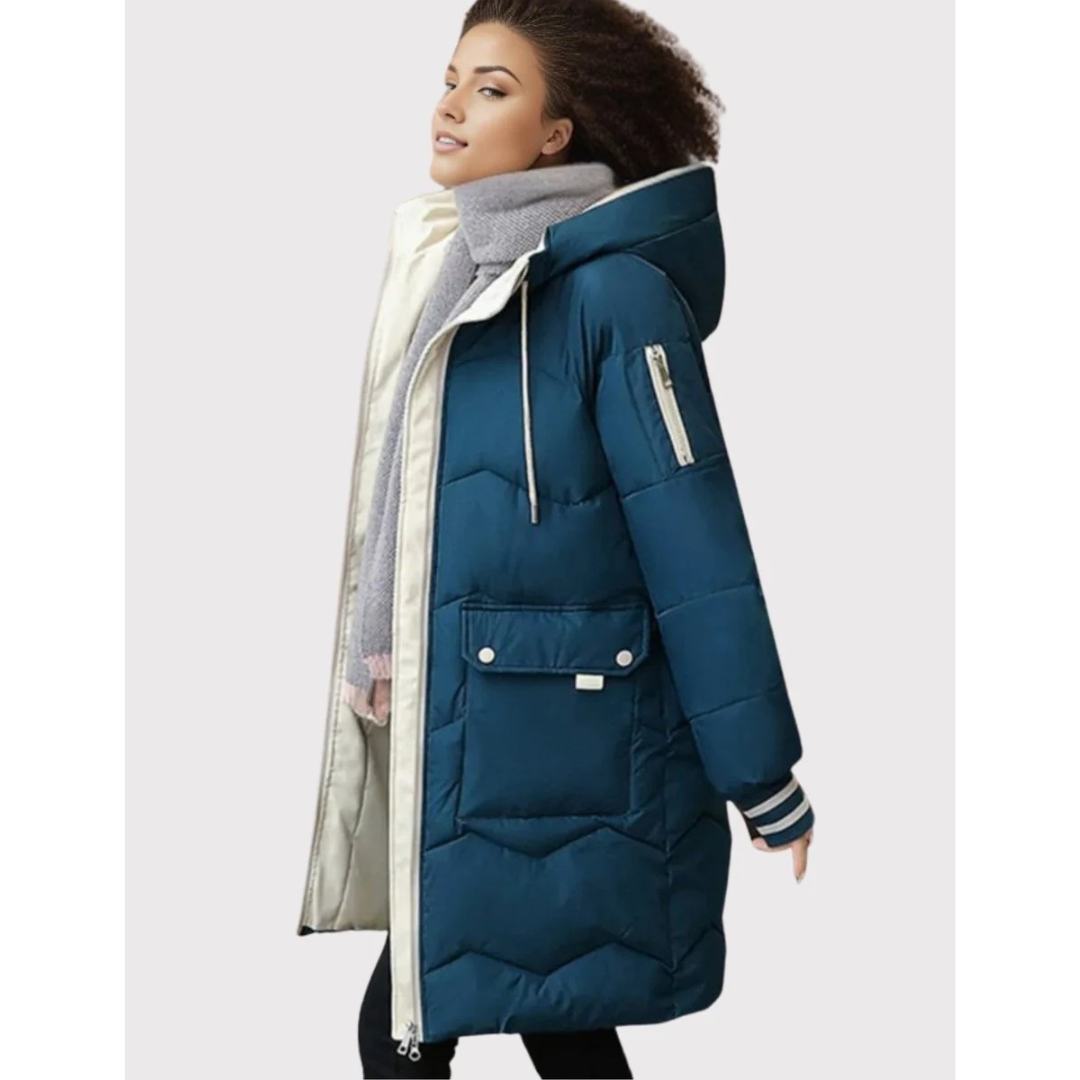 Margarete | Damen Winterjacke mit Kapuze, Langer Stepp Optik und Reißverschluss