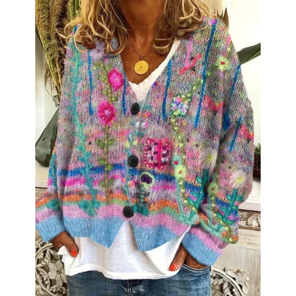 Marie | Damen Blumen Strickjacke im Retro Stil