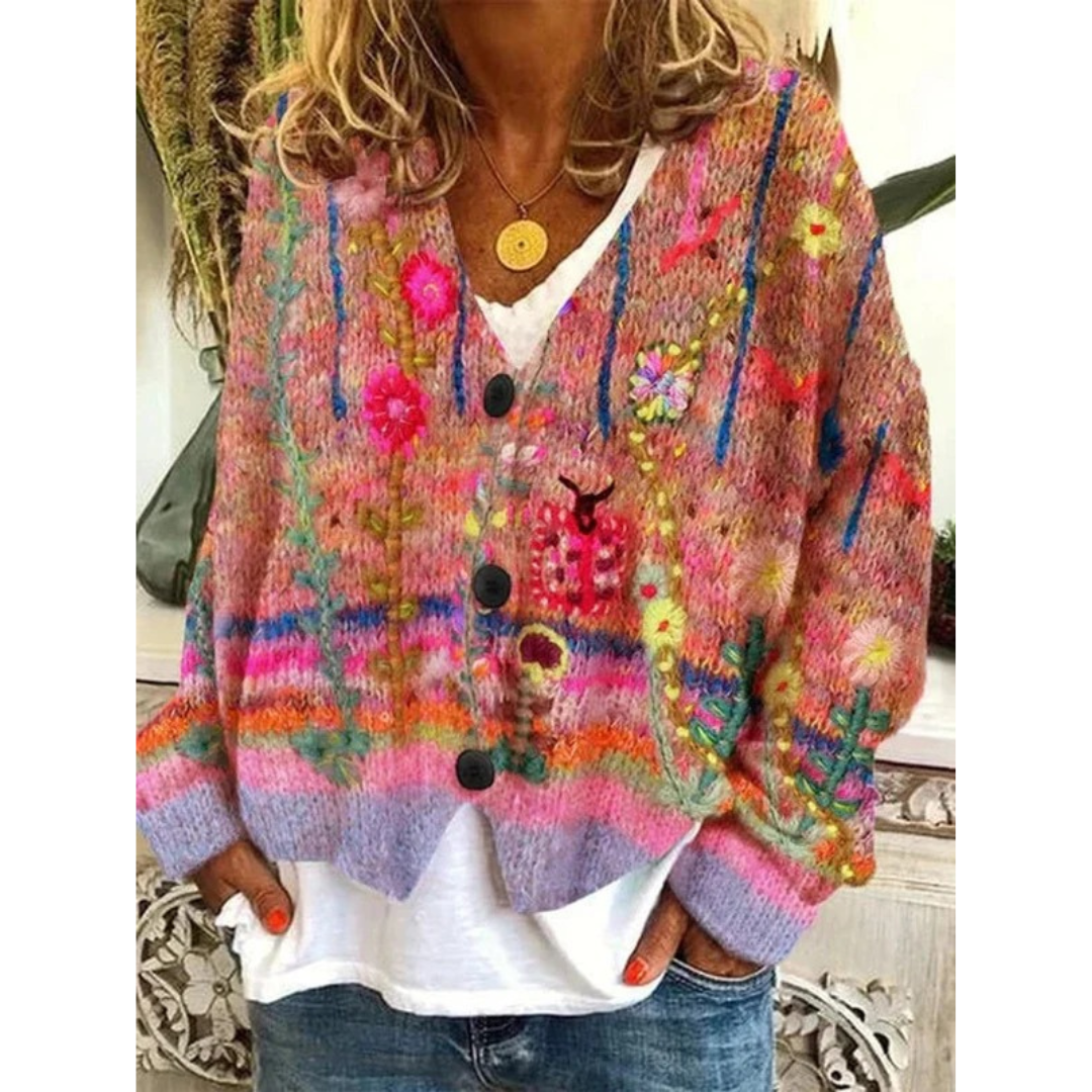 Marie | Damen Blumen Strickjacke im Retro Stil