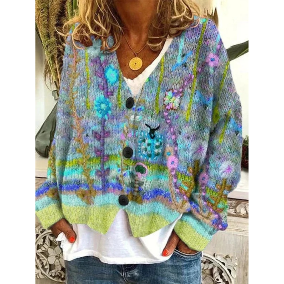 Marie | Damen Blumen Strickjacke im Retro Stil