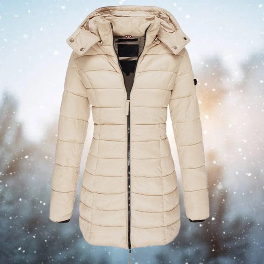 Marietta | Damen Lange Steppjacke mit Kapuze und Reißverschluss