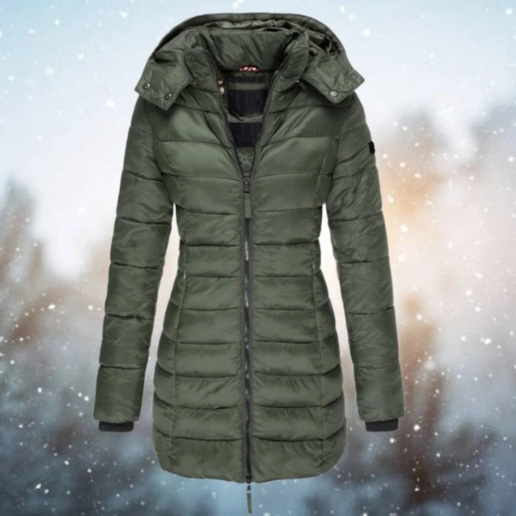 Marietta | Damen Lange Steppjacke mit Kapuze und Reißverschluss