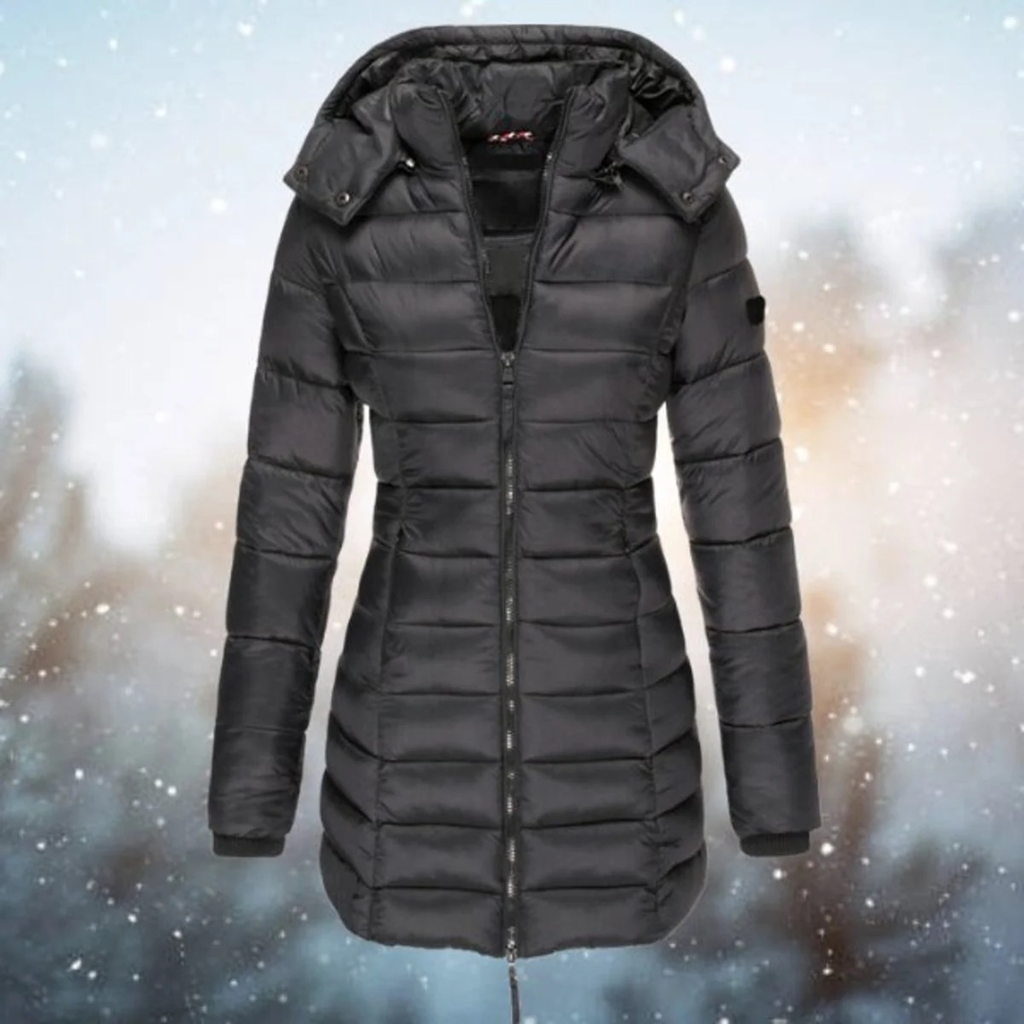 Marietta | Damen Lange Steppjacke mit Kapuze und Reißverschluss