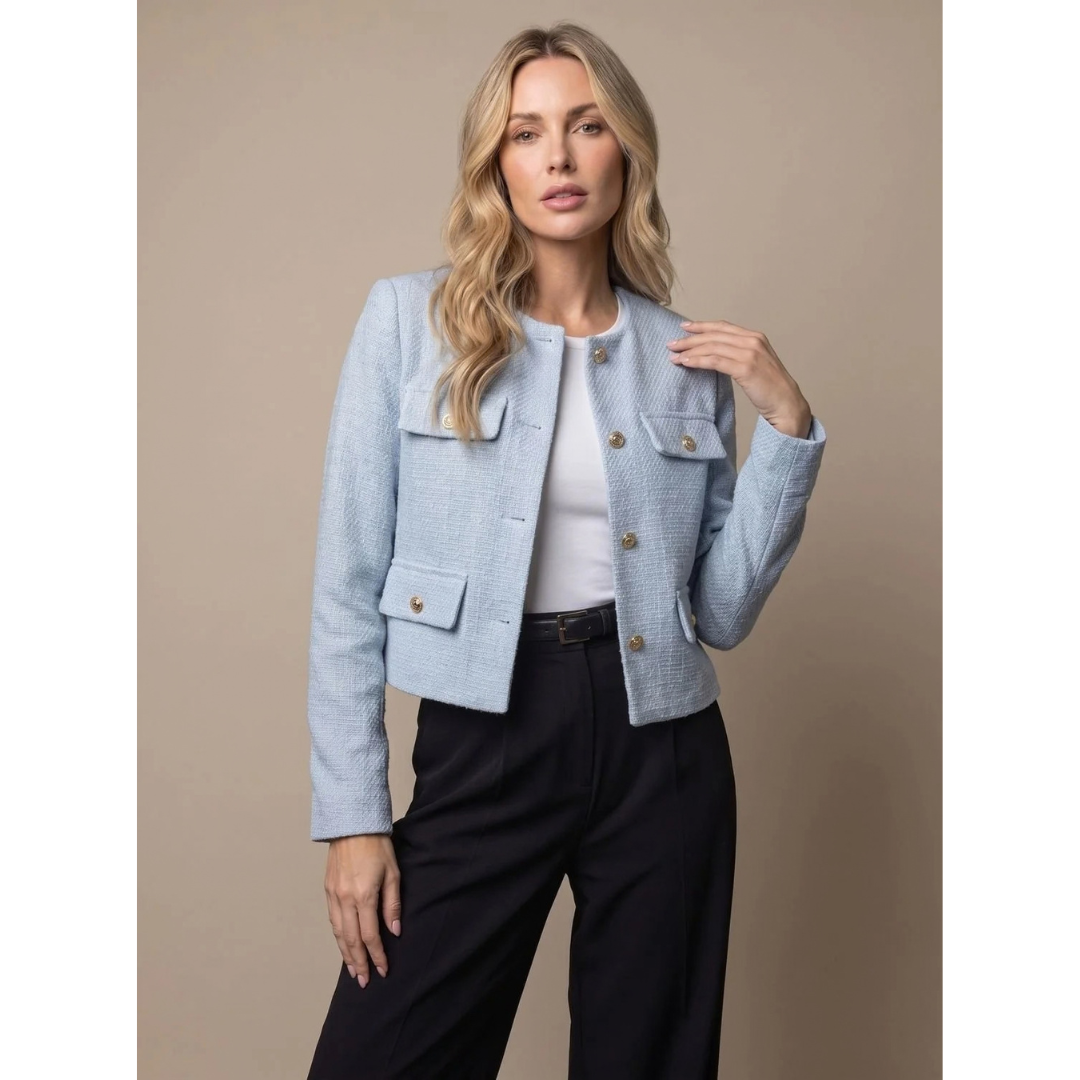Marietta | Damen Tweed Blazer mit Taschen und goldenen Knöpfen