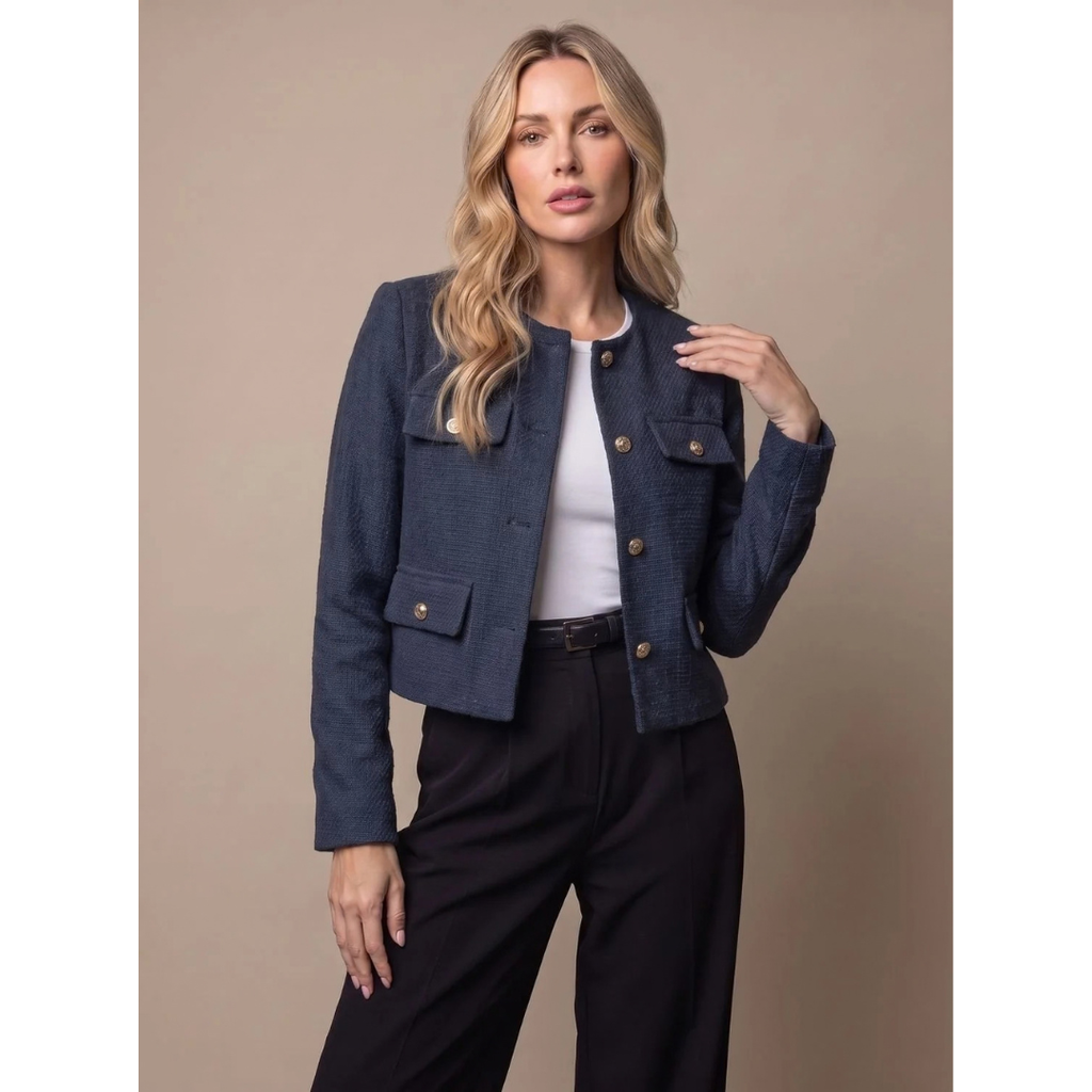 Marietta | Damen Tweed Blazer mit Taschen und goldenen Knöpfen