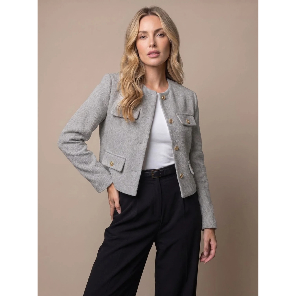 Marietta | Damen Tweed Blazer mit Taschen und goldenen Knöpfen