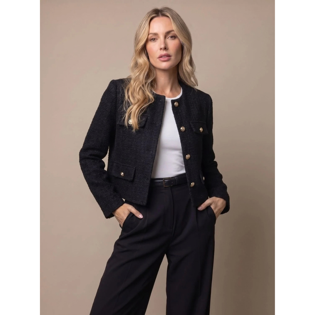 Marietta | Damen Tweed Blazer mit Taschen und goldenen Knöpfen