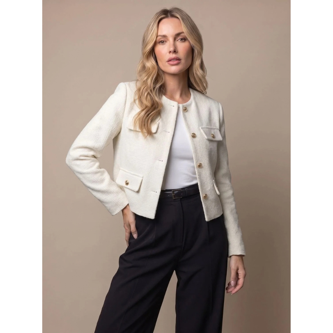 Marietta | Damen Tweed Blazer mit Taschen und goldenen Knöpfen