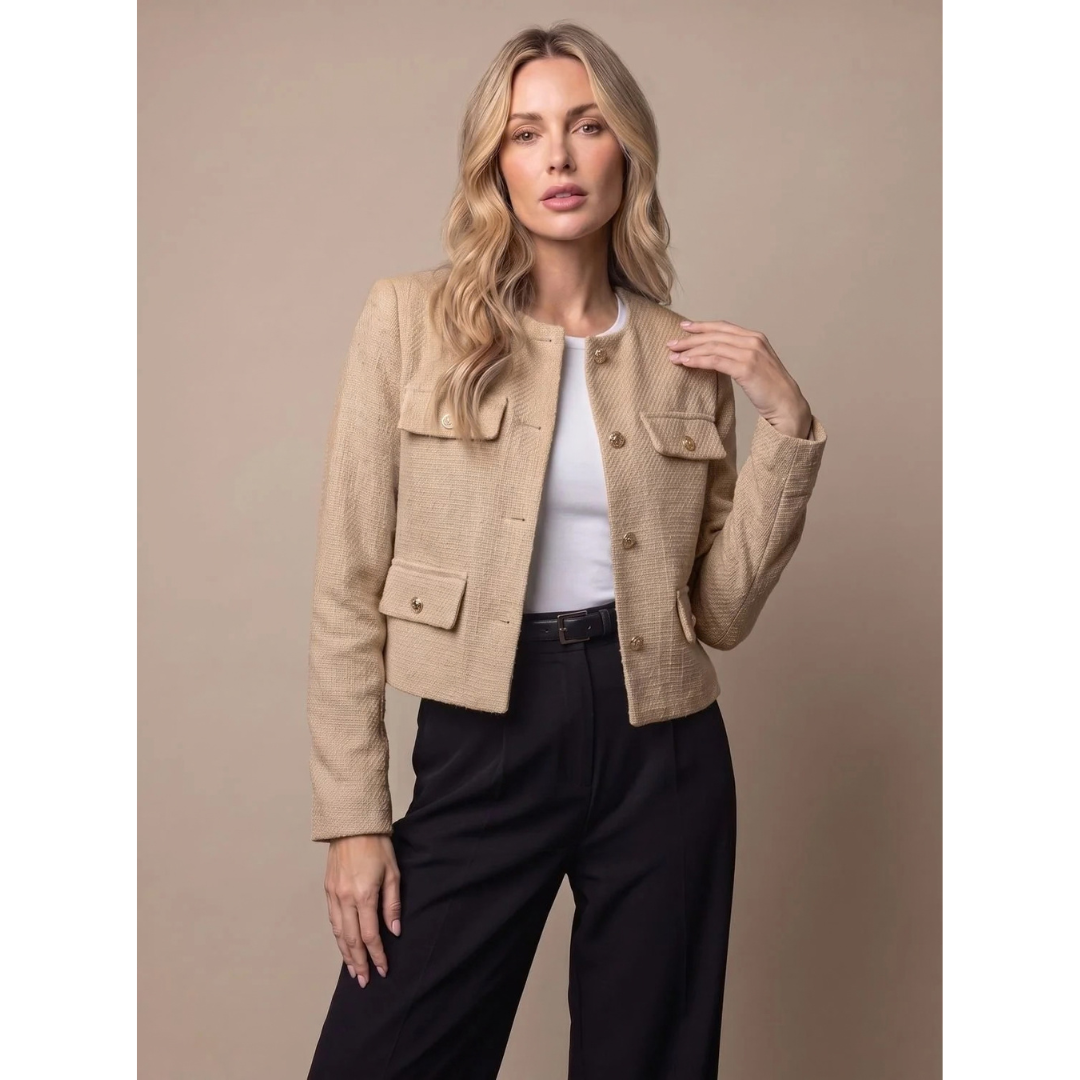 Marietta | Damen Tweed Blazer mit Taschen und goldenen Knöpfen