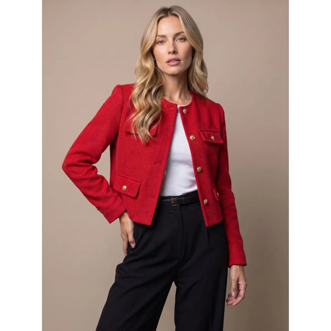 Marietta | Damen Tweed Blazer mit Taschen und goldenen Knöpfen