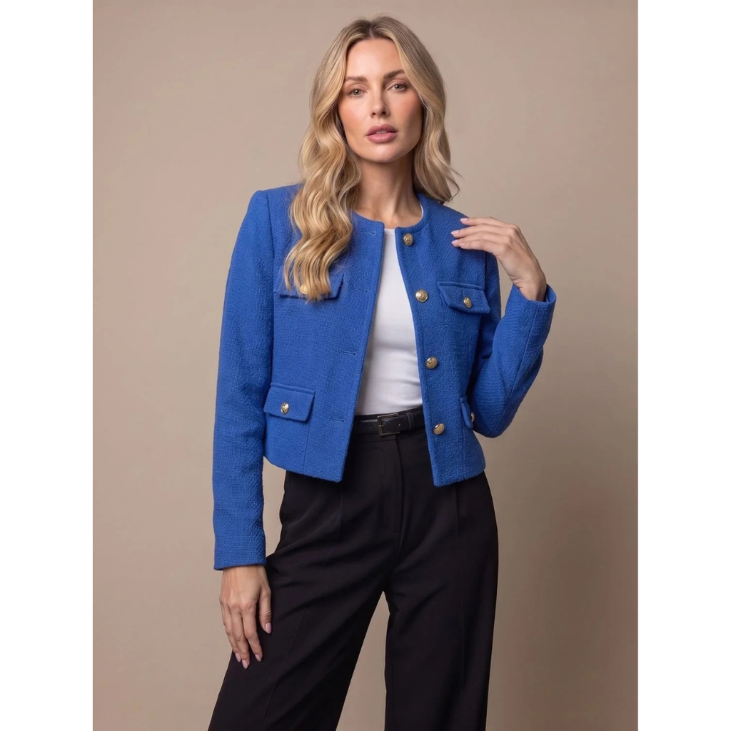 Marietta | Damen Tweed Blazer mit Taschen und goldenen Knöpfen