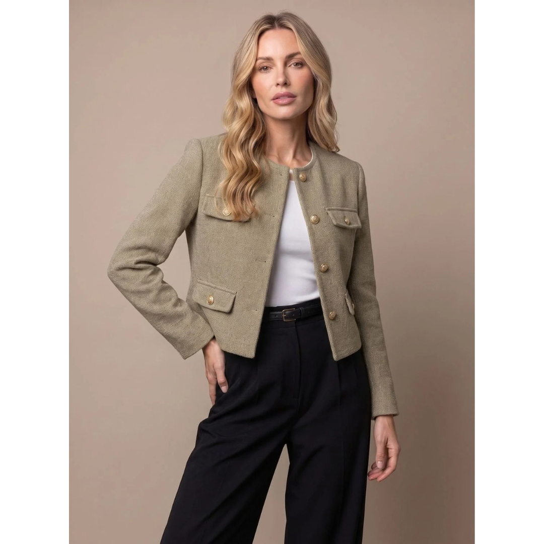 Marietta | Damen Tweed Blazer mit Taschen und goldenen Knöpfen