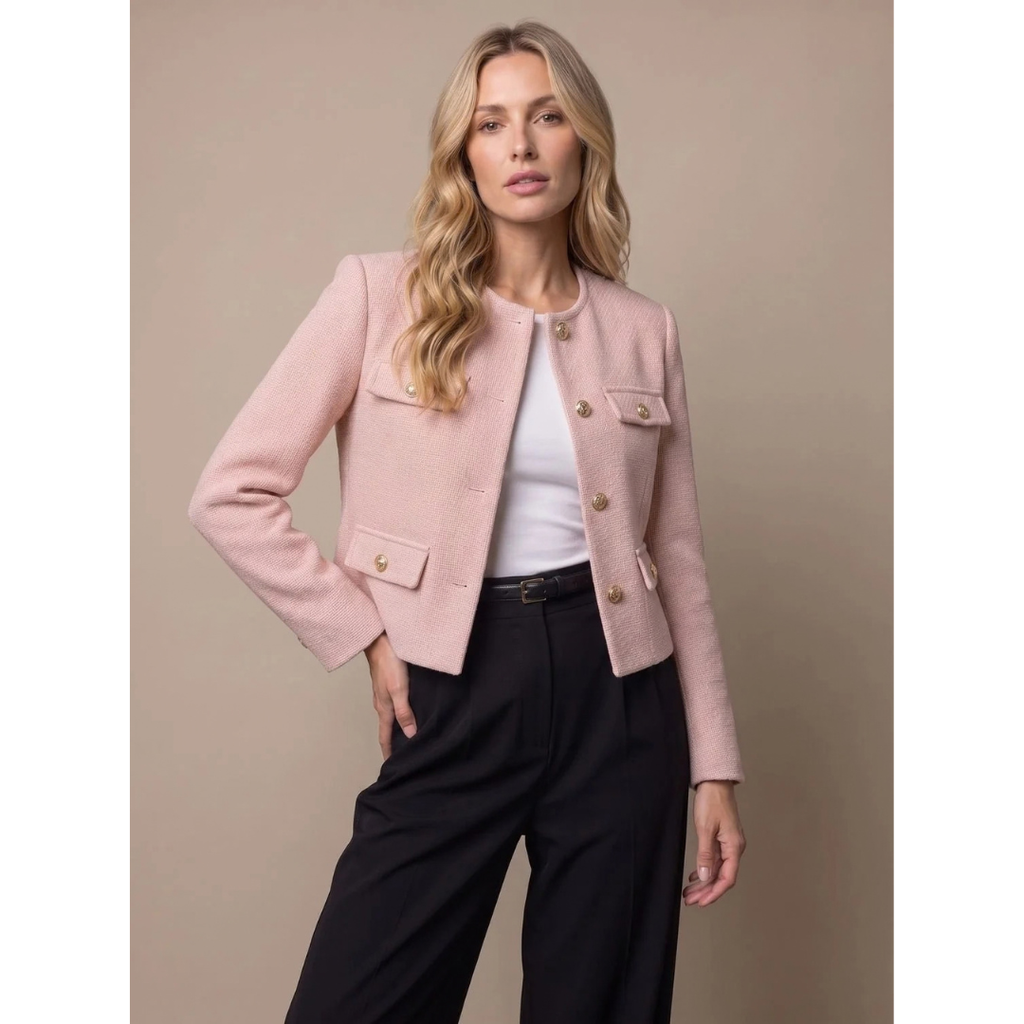 Marietta | Damen Tweed Blazer mit Taschen und goldenen Knöpfen