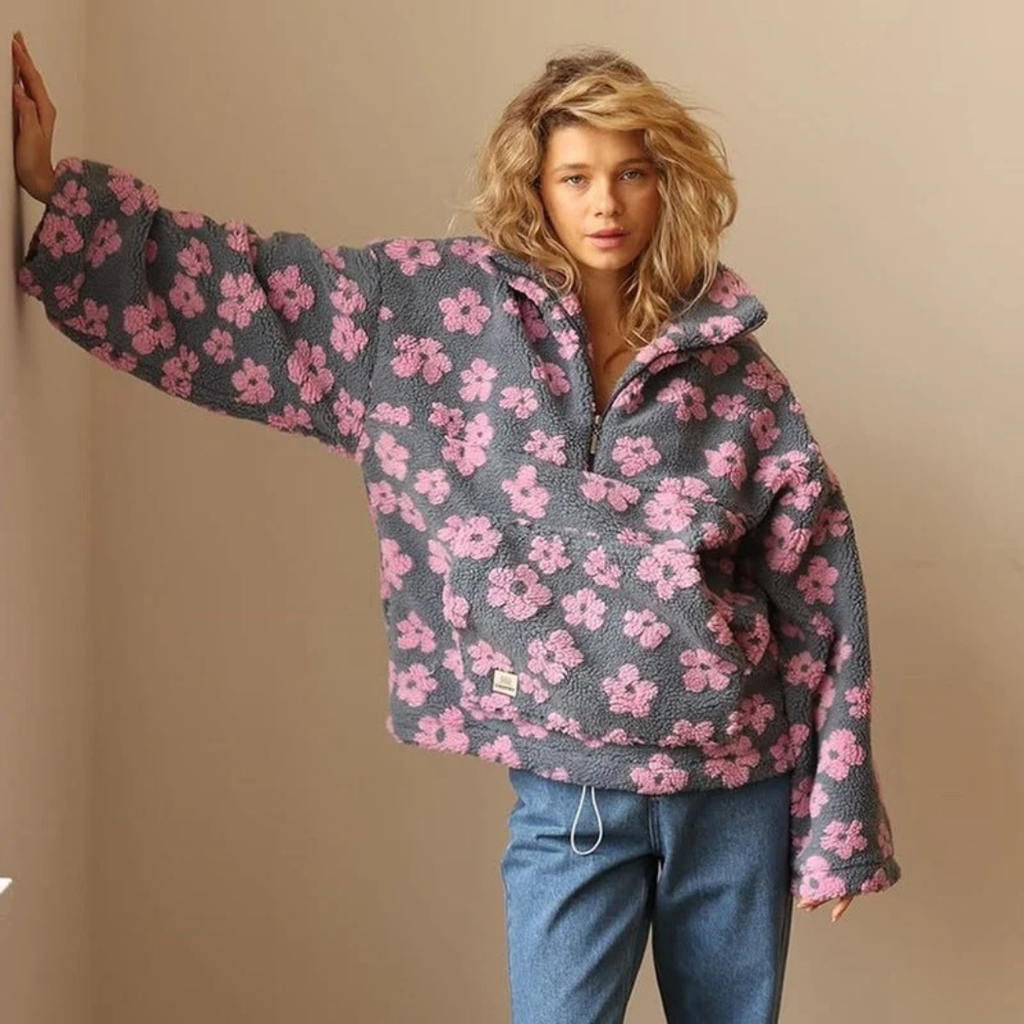 Marlene | Damen Pullover mit Blumen und Reißverschluss