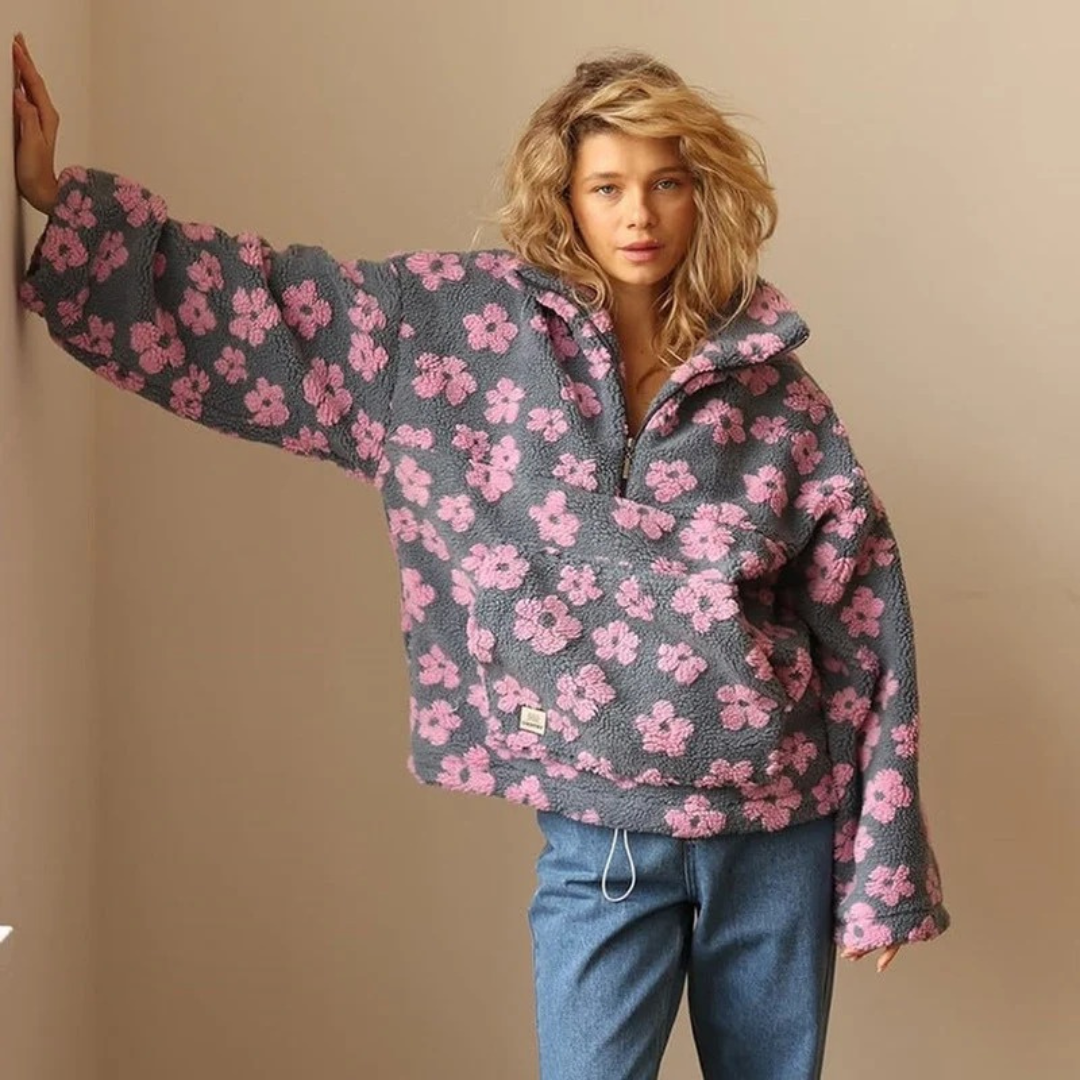 Marlene | Damen Pullover mit Blumen und Reißverschluss