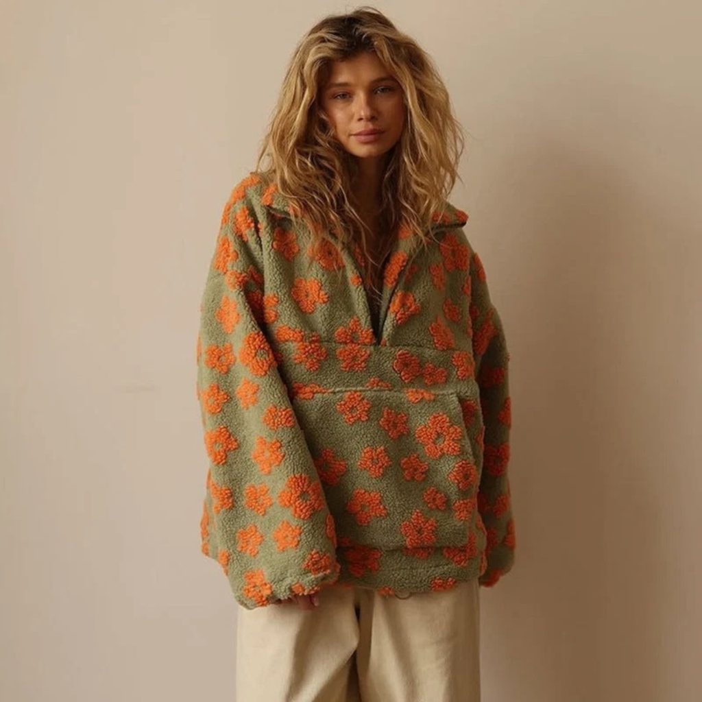 Marlene | Damen Pullover mit Blumen und Reißverschluss