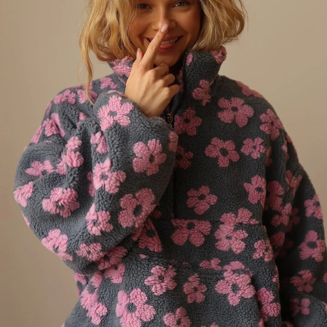 Marlene | Damen Pullover mit Blumen und Reißverschluss