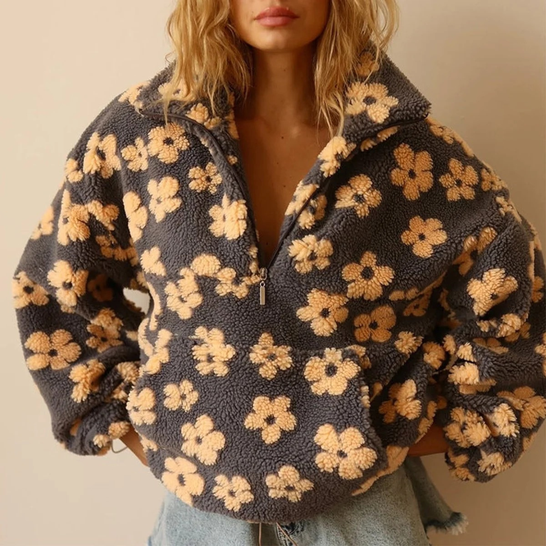 Marlene | Damen Pullover mit Blumen und Reißverschluss
