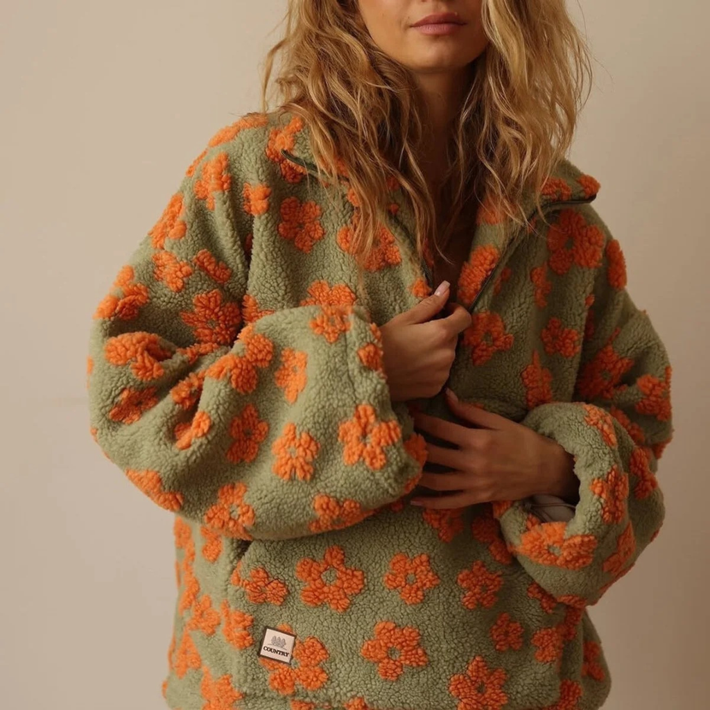 Marlene | Damen Pullover mit Blumen und Reißverschluss
