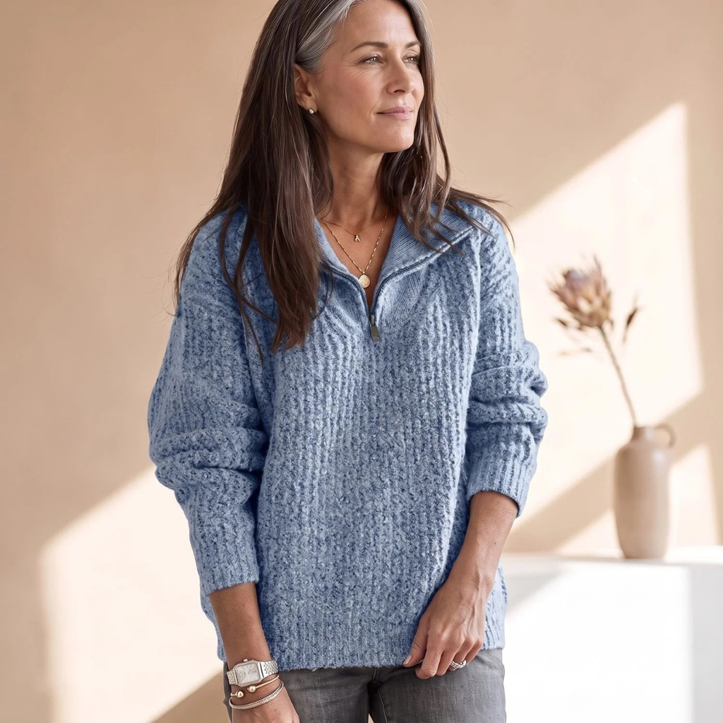Mathilde | Damen Pullover mit Reißverschluss und Kragen