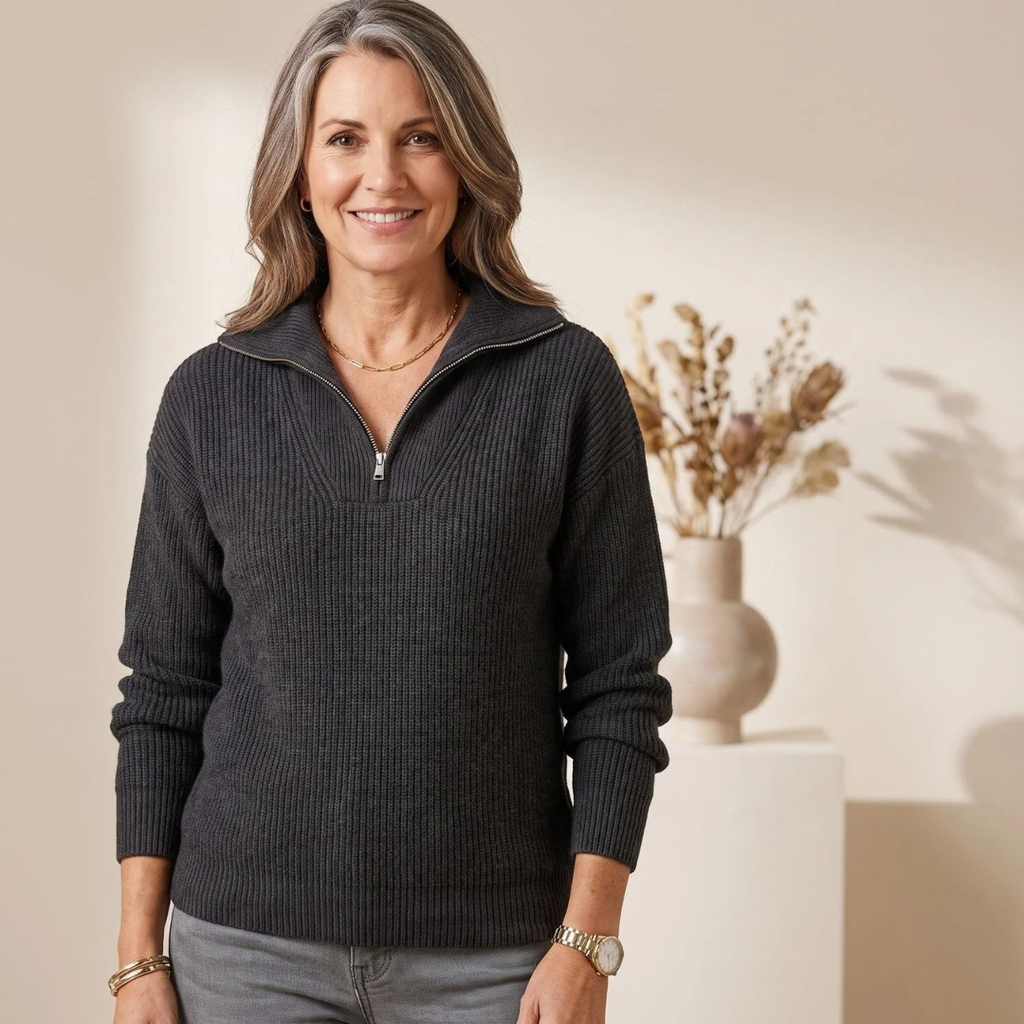 Mathilde | Damen Pullover mit Reißverschluss und Kragen