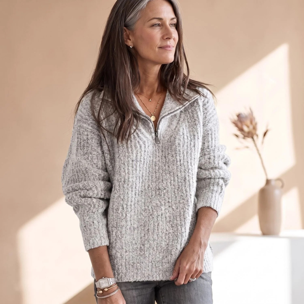 Mathilde | Damen Pullover mit Reißverschluss und Kragen