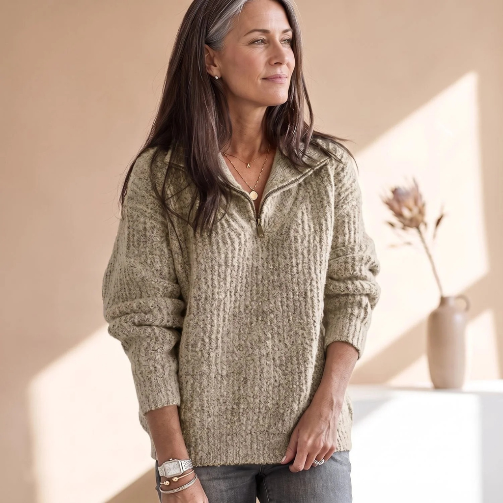 Mathilde | Damen Pullover mit Reißverschluss und Kragen