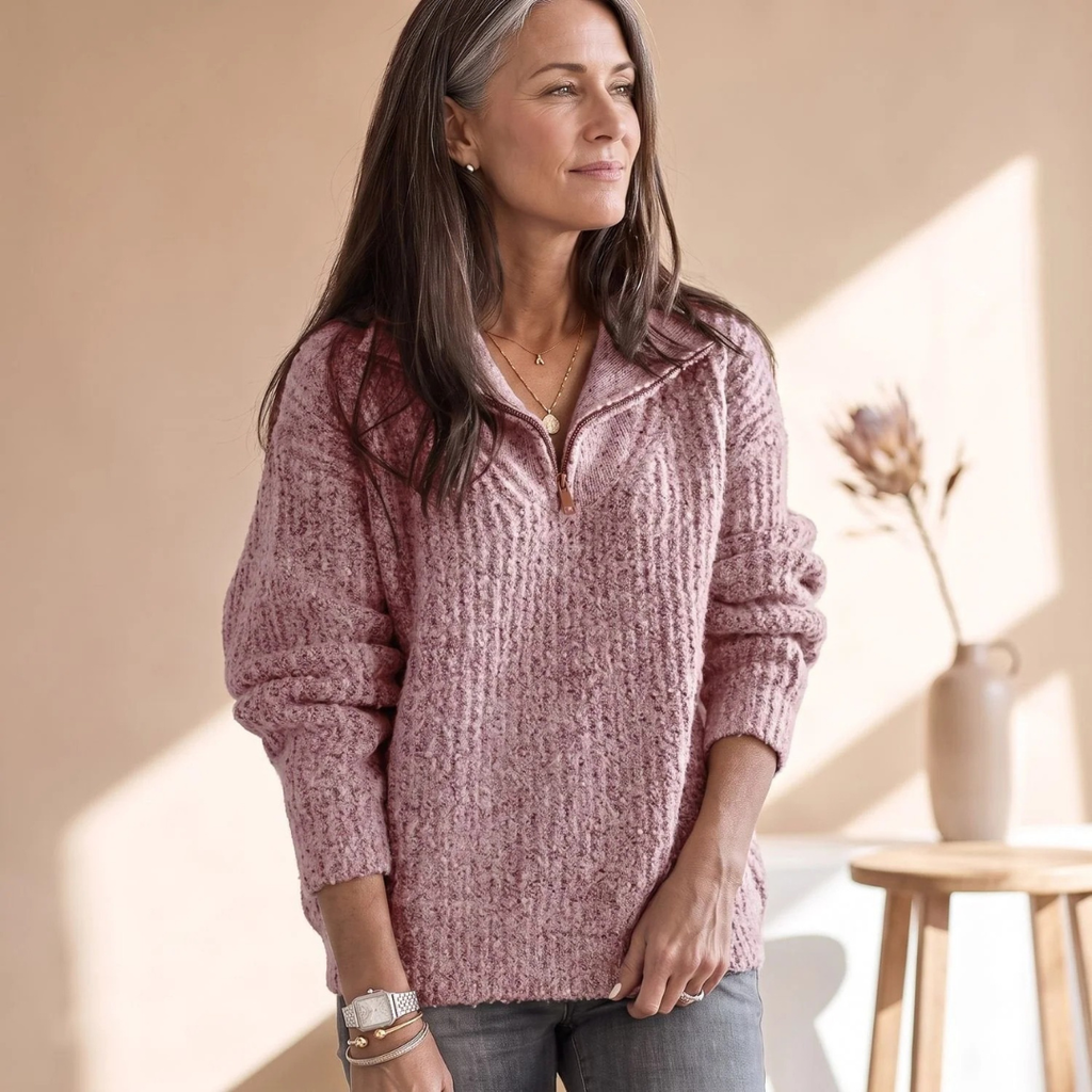 Mathilde | Damen Pullover mit Reißverschluss und Kragen