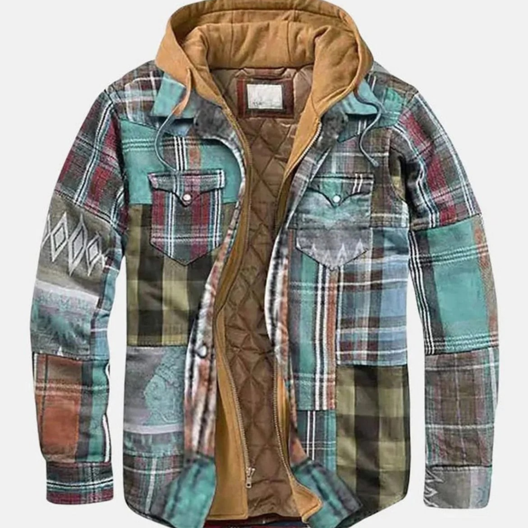 Mats | Herren Winterjacke aus Flanell mit Patchwork, Reißverschluss und Karomuster