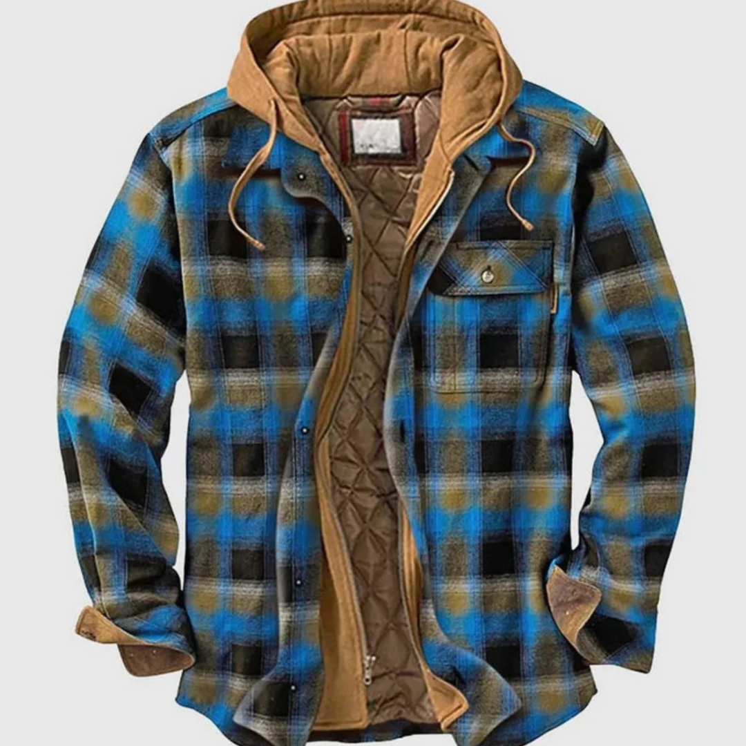 Mats | Herren Winterjacke aus Flanell mit Patchwork, Reißverschluss und Karomuster