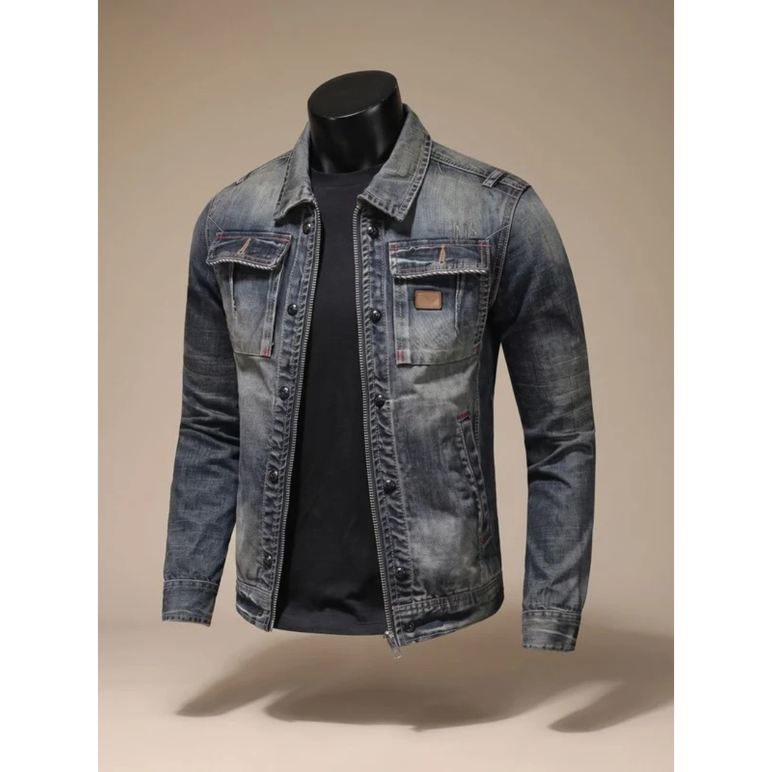 Matteo | Herren Dunkelgraue Denim Jacke mit Reißverschluss und Stil