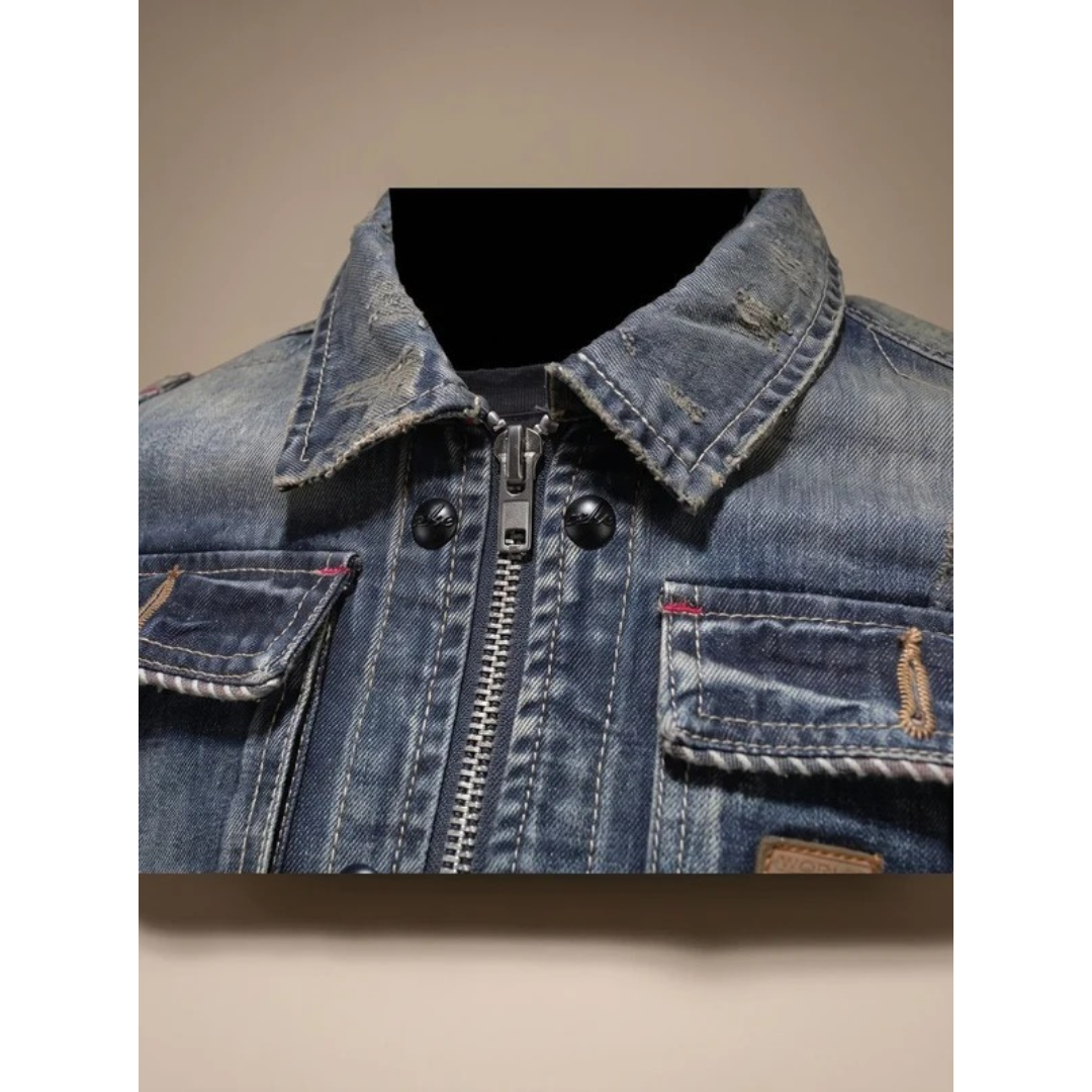 Matteo | Herren Dunkelgraue Denim Jacke mit Reißverschluss und Stil