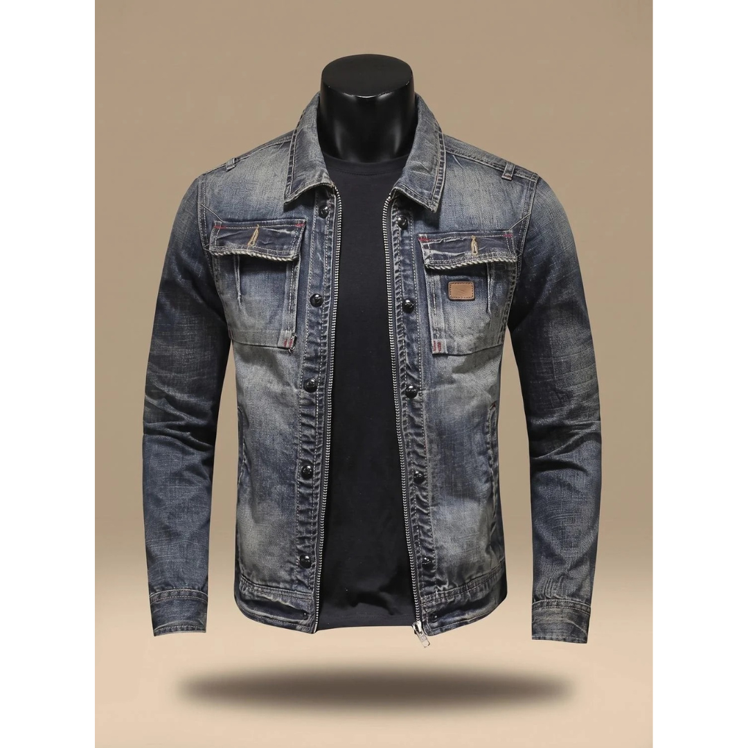 Matteo | Herren Dunkelgraue Denim Jacke mit Reißverschluss und Stil