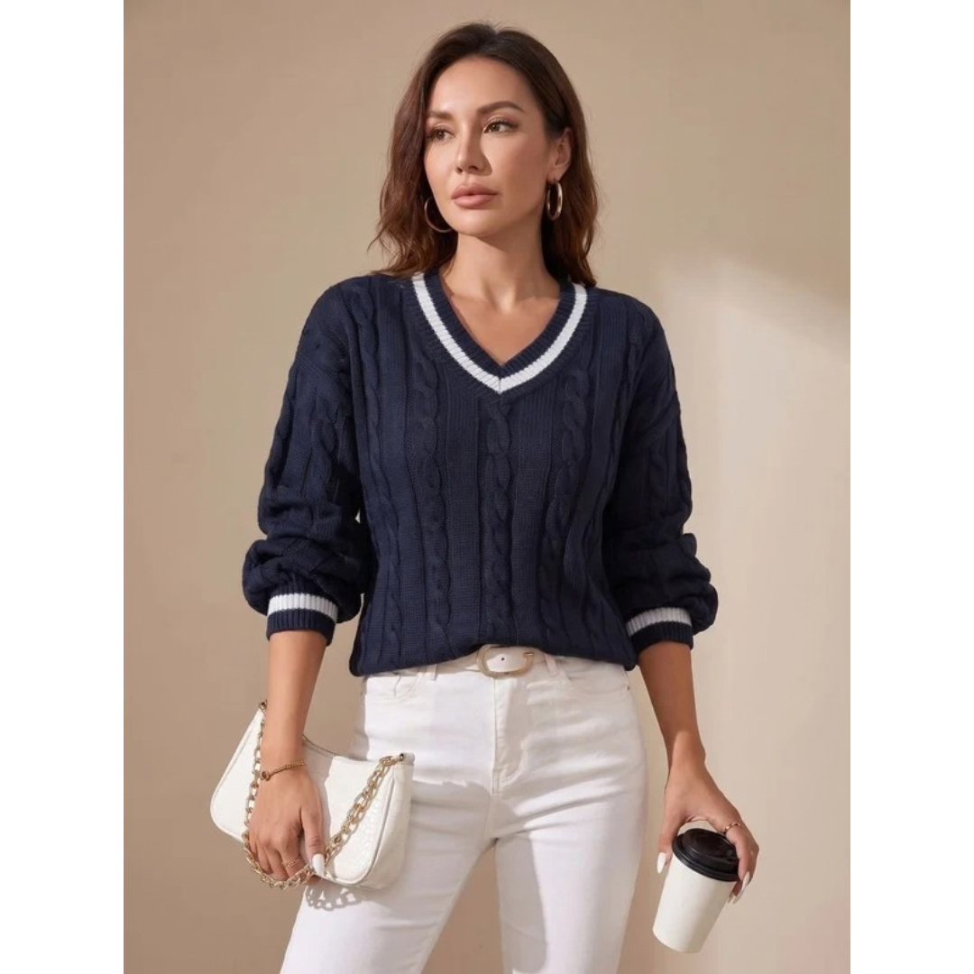 Mechthild | Damen Pullover mit V-Ausschnitt und Streifen