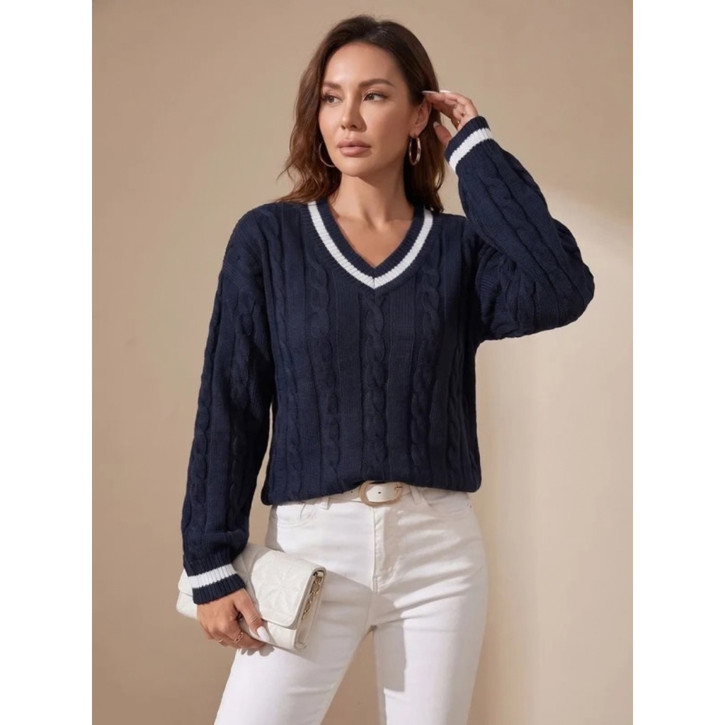Mechthild | Damen Pullover mit V-Ausschnitt und Streifen