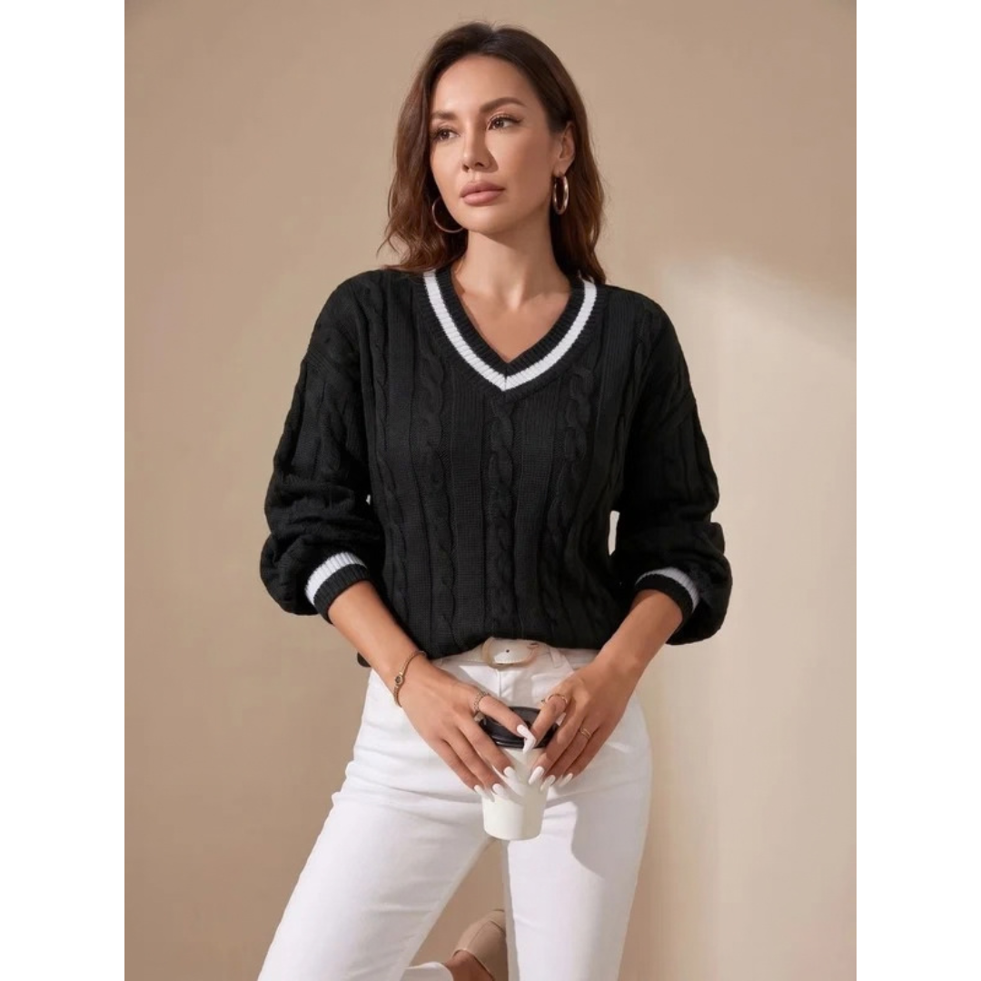 Mechthild | Damen Pullover mit V-Ausschnitt und Streifen
