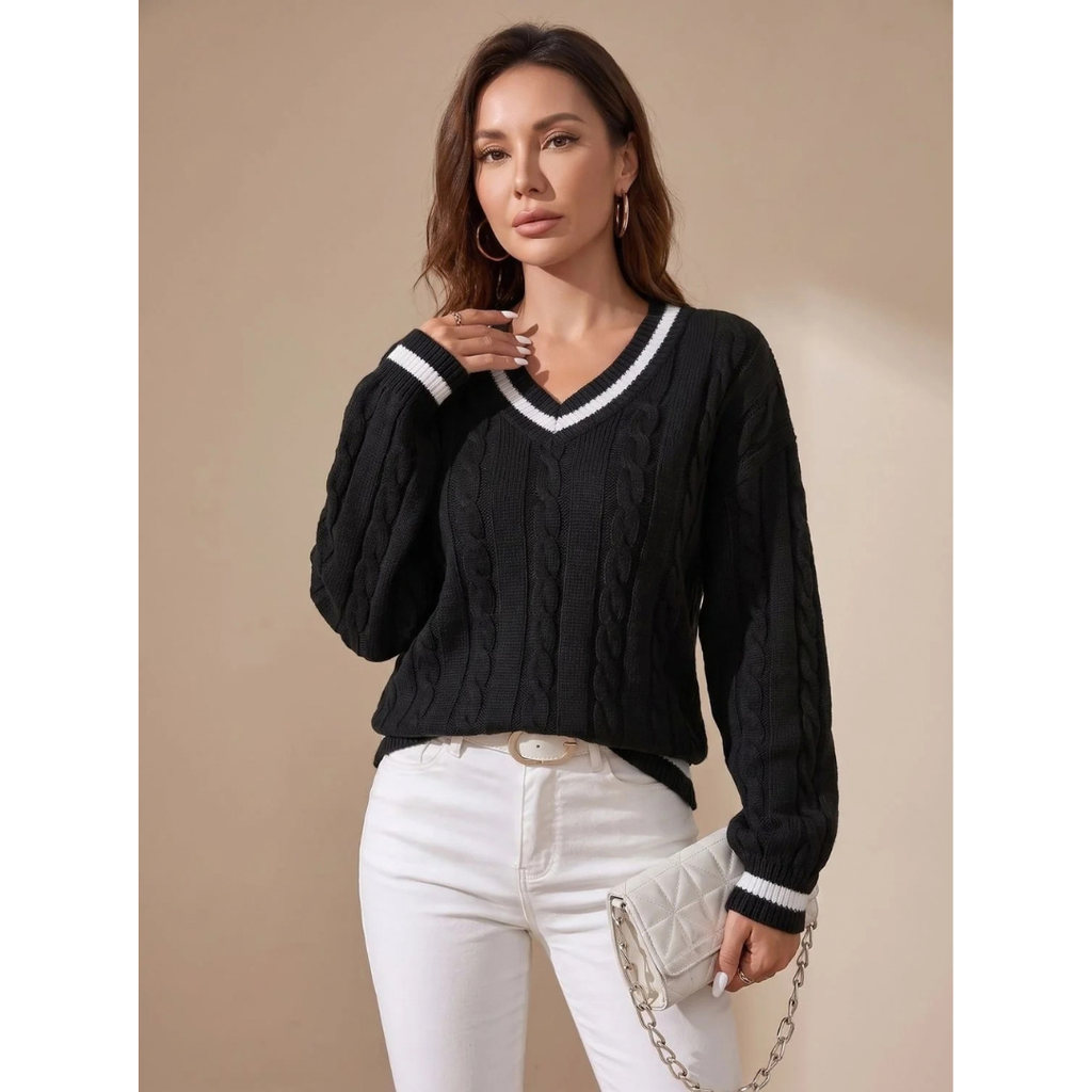 Mechthild | Damen Pullover mit V-Ausschnitt und Streifen
